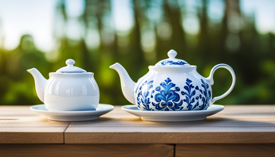 Ceramic teapot with floral designs on wooden table Ceramic teapot with floral designs on wooden table