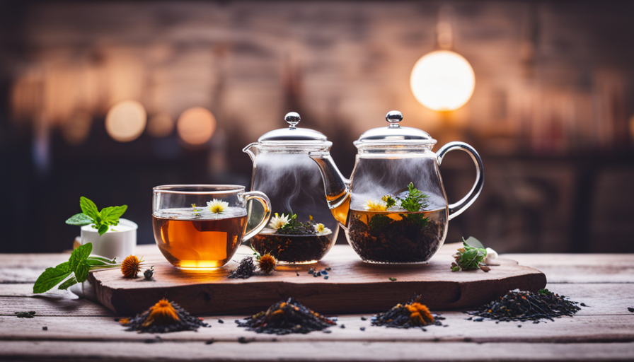 A ceramic teapot filled with black earl grey loose-leafed tea surrounded by various dried herbs on a wooden table A ceramic teapot filled with black earl grey loose-leafed tea surrounded by various dried herbs on a wooden table
