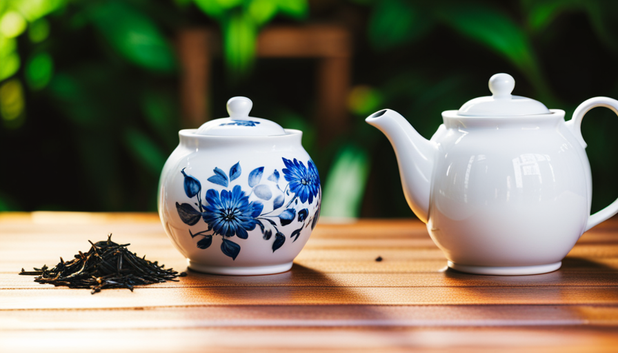 A ceramic teapot with floral patterns on a wooden table. A ceramic teapot with floral patterns on a wooden table.